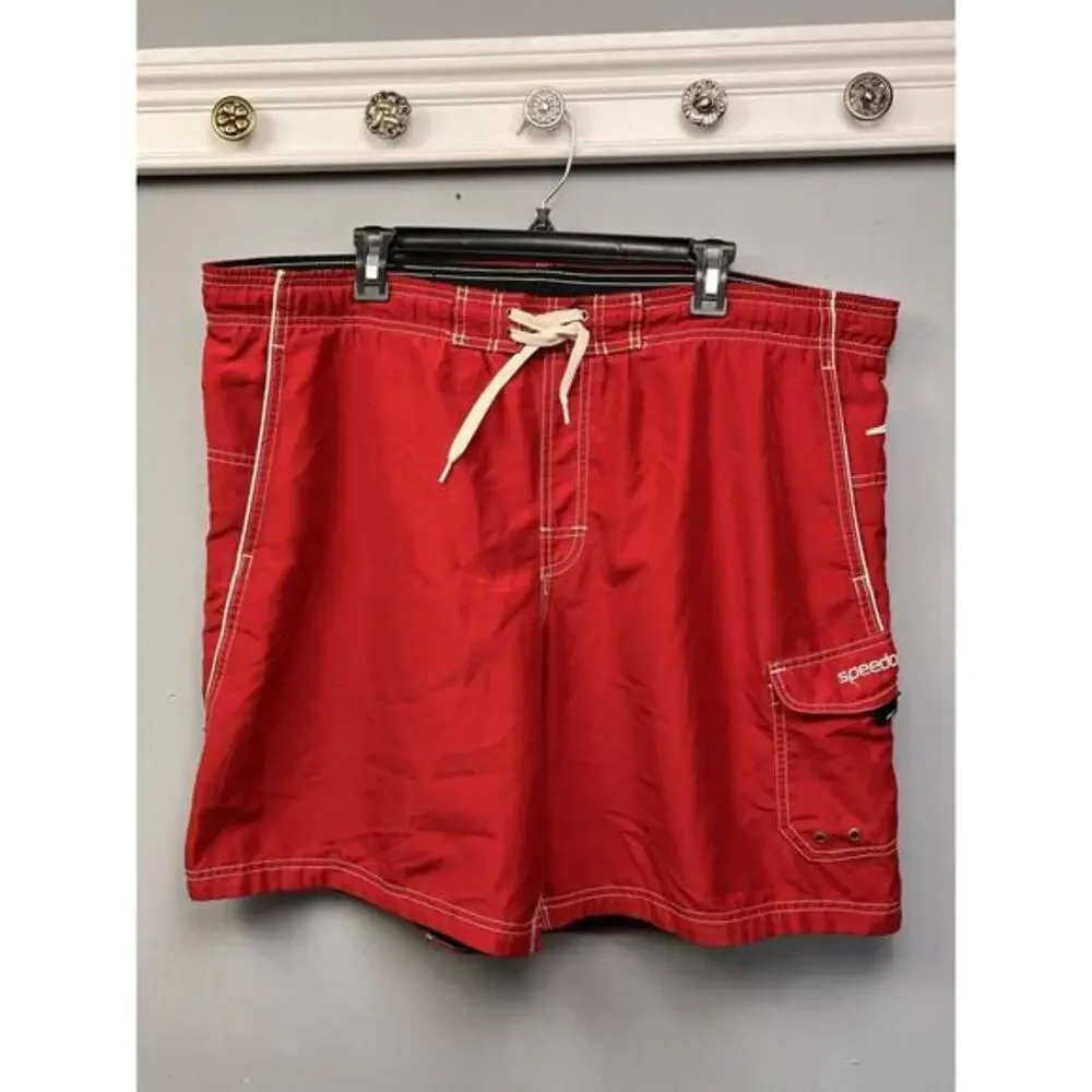 Speedo Swim‎ Trunks Mens Size Large Red Side Pockets Drawstring Classic